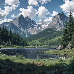 the mountains are covered with pine trees and water