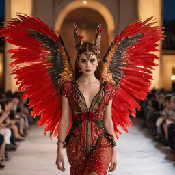 the runway at the fashion show with a beautiful red winged dress