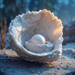 a white eggshell sits on a rock outside