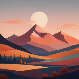 the landscape is painted with oil and pastel,a painting of a beautiful mountain scene with trees