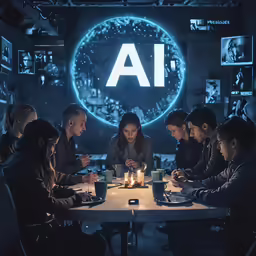a group of people sitting around a table with a large illuminated sign above