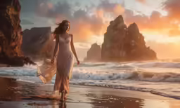 a woman standing on a beach holding her dress up