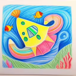 a drawing of a yellow submarine in the sea,an art work depicting a yellow object in a blue ocean