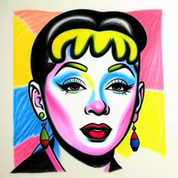 there is a woman that has very colorful hair and blue eyes,a painting of a woman with blue and pink makeup,a colorfully painted painting of a woman