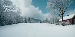 a small red house in the distance surrounded by trees and snow