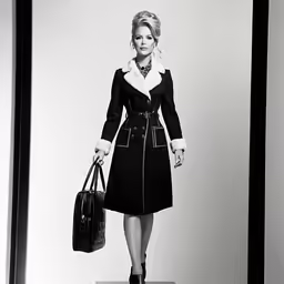a woman is standing on the runway with a handbag