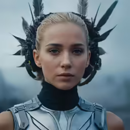 a young woman with feathers in her hair