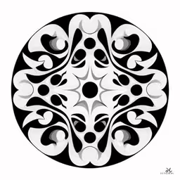 a circle with a stylized pattern,black and white painting with circular design
