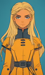 a girl in yellow jacket, blue background