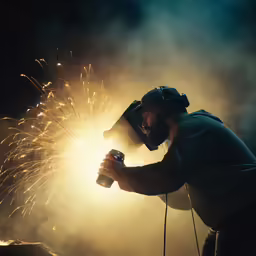 a man wearing a helmet and holding a lit object