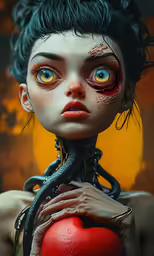 the digital art of the zombie girl with an apple