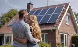 a man and woman hugging while looking at solar panels on the roof