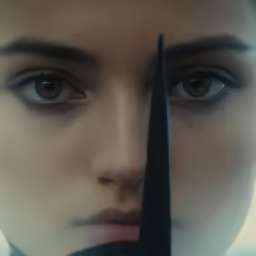 a woman is shown as scissors cross her face
