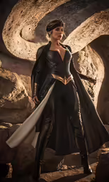 woman in costume standing inside rocks with a cape