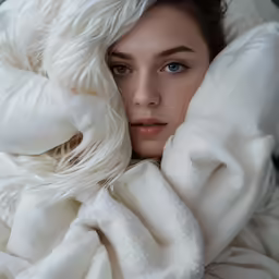 the beautiful girl has her head wrapped around a blanket