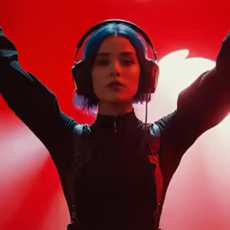 a woman in headphones with her arms up