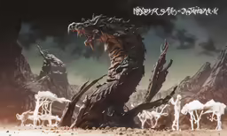 a dinosaur on the ground near some animals