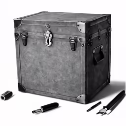 a briefcase, scissors and pen are sitting beside it