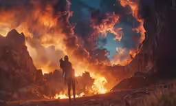 man standing in front of the raging fire