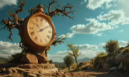 a large outdoor clock with no hands in front of some trees