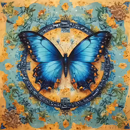 a blue butterfly sitting on a golden and blue circle