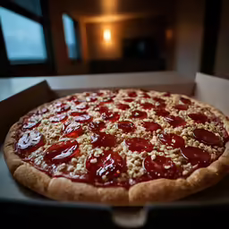 a box of pepperoni pizza on a table