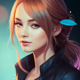 a girl with blonde hair and blue feather