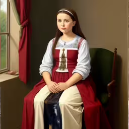 a painting of a girl sitting on top of a stool