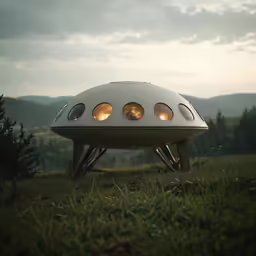 the solar powered flying house is located in a field