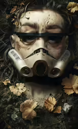 a person in a star wars mask with leaves around