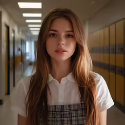 a young girl with long hair standing in a hallway