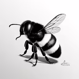 the black and white illustration of a bee on the right side