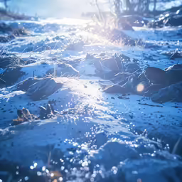 the sun shines on snow covered ground
