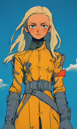 a cartoon character wearing yellow standing in front of a blue sky