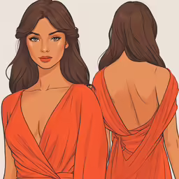 a woman with brown hair wearing an orange dress