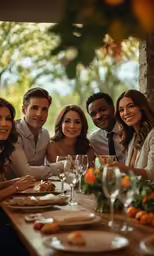 four people are smiling and enjoying dinner outside