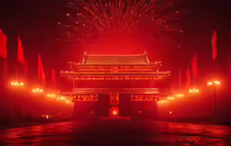 fireworks explode over the chinese gate with lights