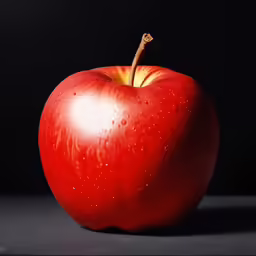 an apple that is red in color with water drops on it