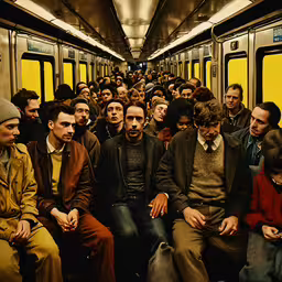 a group of people are all sitting inside a subway car,several people sit on the train while one man holds a cup
