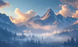a painting of the beautiful mountains covered in fog