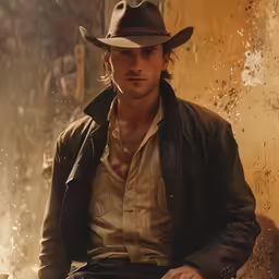 a man wearing a cowboy hat sits near a wall