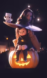 a woman holding a small doll near a pumpkin