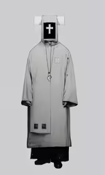 a man in a long coat with an electronic cross on it