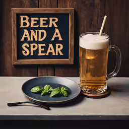 a glass of beer sitting on a plate next to a mug of beer