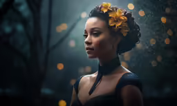 a woman wearing a dark dress has a flower in her hair