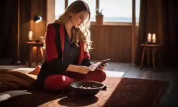 a woman sitting on the ground working on her cell phone