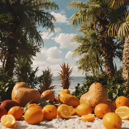 a bunch of different types of fruits on a sand surface