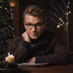 man with dark glasses sitting at table near candle