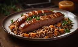 two sausages are sitting on top of some pasta