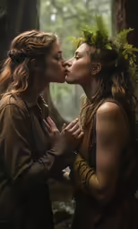 two beautiful women with long hair kissing each other